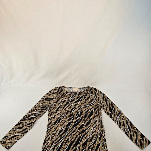 MICHAEL KORS Old Money Black/Gold Chain/Pearl Pattern Border Shift Dress Size L. - Picture 8 of 16